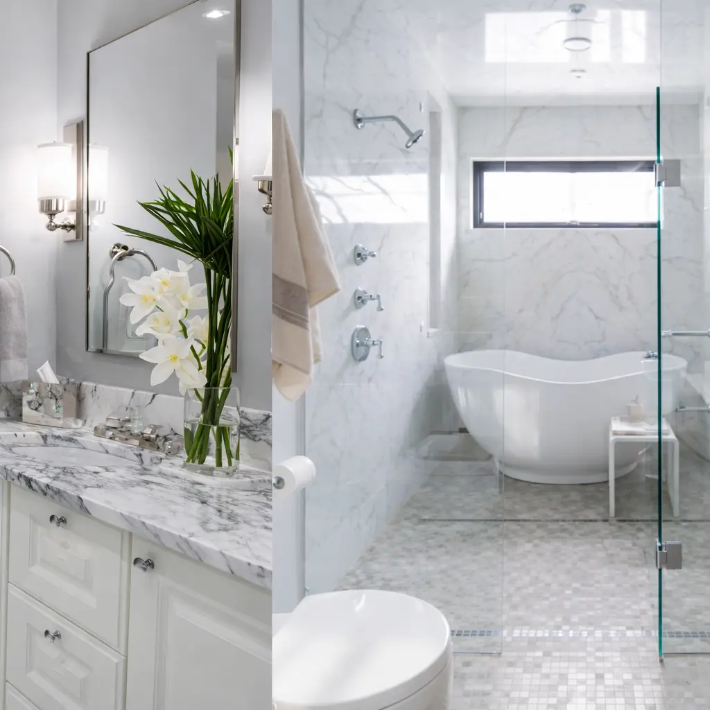 Elegant primary bathroom remodel with New Life Building Supplies cabinetry and countertops